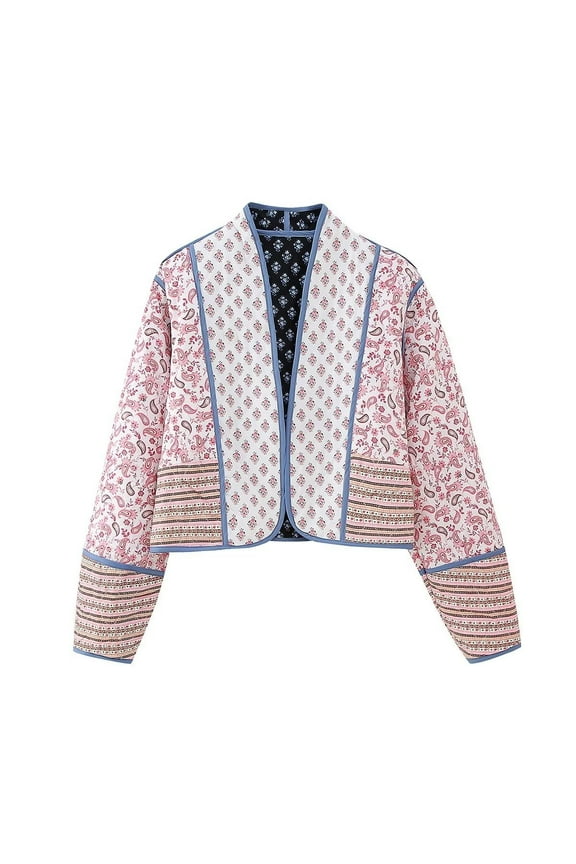 Women's Lightweight Quilted Jacket Floral Printed Short Coat Cardigan Cropped Padded Jacket, Reversible Cotton