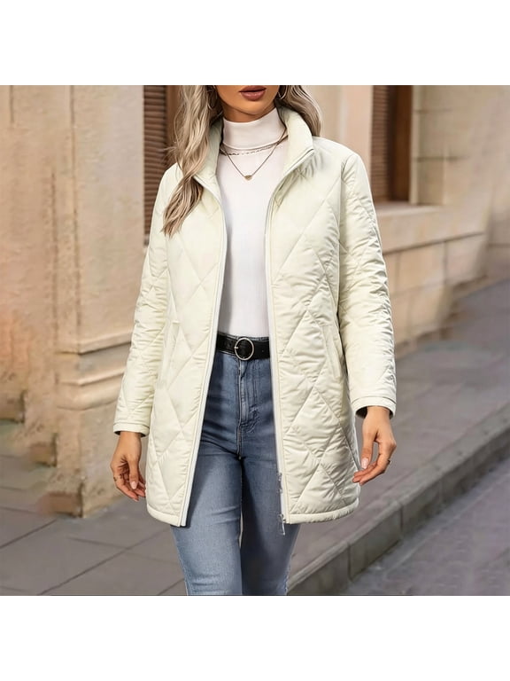 Women's Lightweight Quilted Jacket Mid Length Full Zip Stand Collar Puffer Coat Warm Fall Winter Casual Outerwear with Pockets