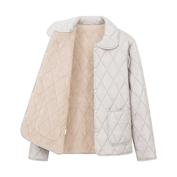 Women's Lightweight Quilted Jackets, Plus Size Fall Winter Fleece Lined Coats Warm Casual Button Jacket Outerwear White XXL