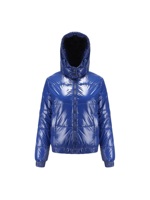 Women's Lightweight Quilted Puffer Down Jacket Hooded Zipper Padding Winter Shiny Short Bubble Coats for Women