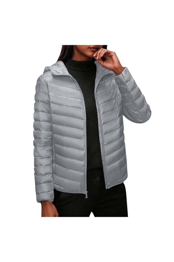 Women's Lightweight Quilted Puffer Jacket Basic Full Zipper Packable Hooded Bubble Coat for Spring and Winter Wear