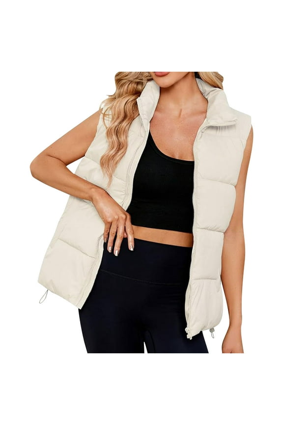 Women's Lightweight Quilted Puffer Vest - Full Zip Stand Collar Sleeveless Down Jackets Warm Winter Gilet Outerwear