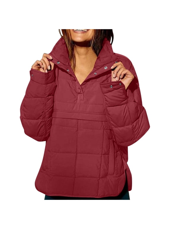 Women's Lightweight Quilted Pullover Sweatshirts Long Sleeve Puffer Jacket Warm Winter Outerwear Coat with Pockets Wine XXL