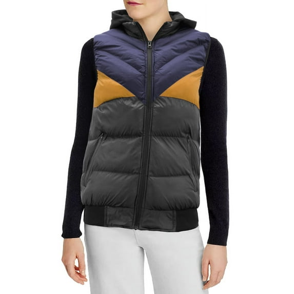 Women's Lightweight Quilted Stand Collar Full Zip Up Down Puffer Jacket Vest (Navy/Yellow/Black, XL)