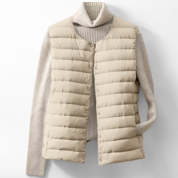 Women's Lightweight Quilted Vest Button Padded Vests Sleeveless Short Jacket Loungewear Gilet Waistcoat W Beige 3XL
