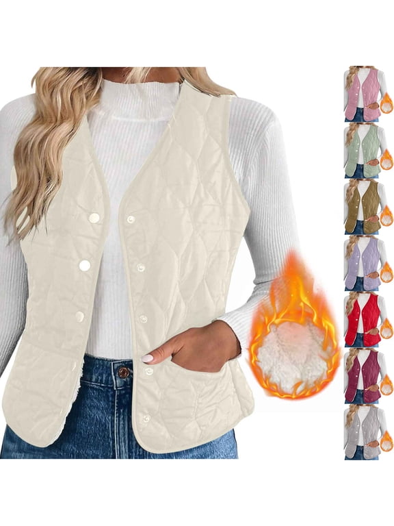 Women's Lightweight Quilted Vest Collarless Sleeveless Warm Jacket Button Down Cropped Cotton Padded Gilets