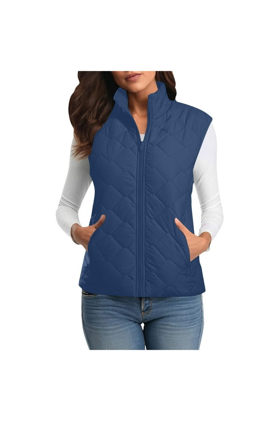 Women's Lightweight Quilted Vest Slim-Fit Zip-Up Puffer Vests Stand Collared Sleeveless Outerwear Padded Jackets Blue, L