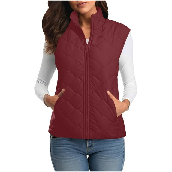Women's Lightweight Quilted Vest Slim-Fit Zip-Up Puffer Vests Stand Collared Sleeveless Outerwear Padded Jackets Wine, S
