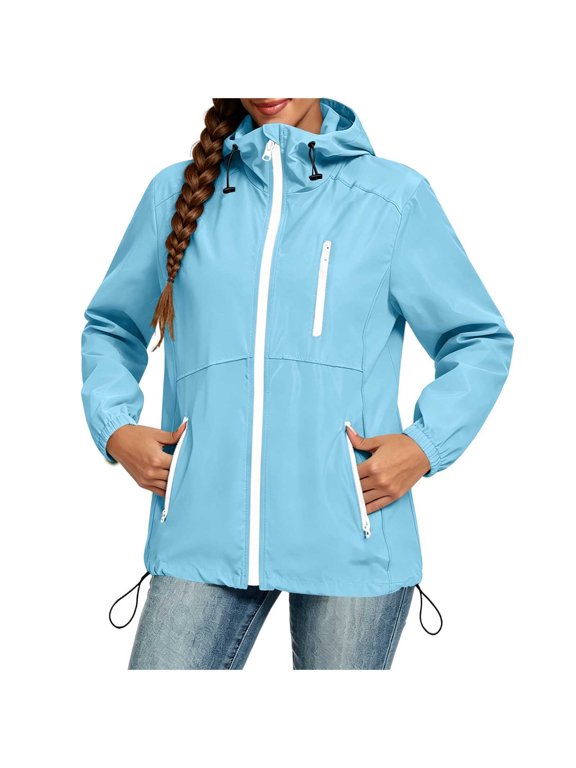 Women's Lightweight Rain Jacket Waterproof with Hood Packable Thin Windbreaker Jacket with Zip Pockets Sky Blue L
