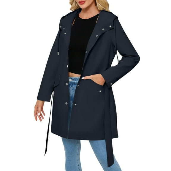 Women's Lightweight Rain Jacket With Adjustable Hood And Belt For Wet Weather Protection