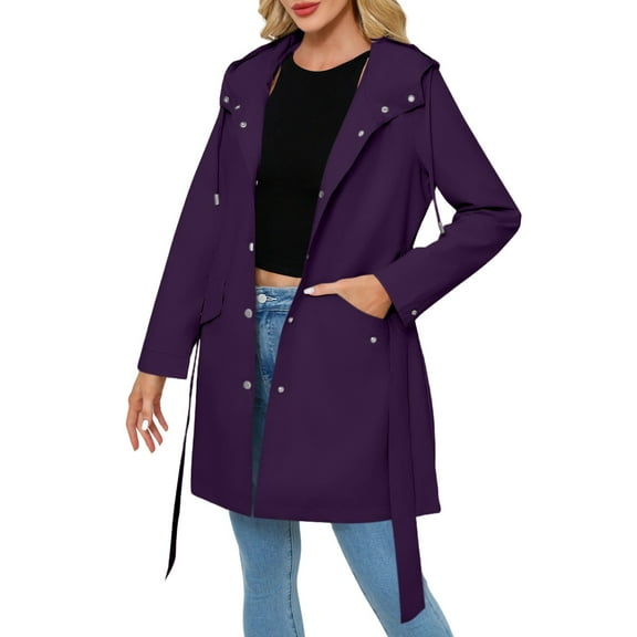 Women's Lightweight Rain Jacket With Adjustable Hood And Belt For Wet Weather Protection