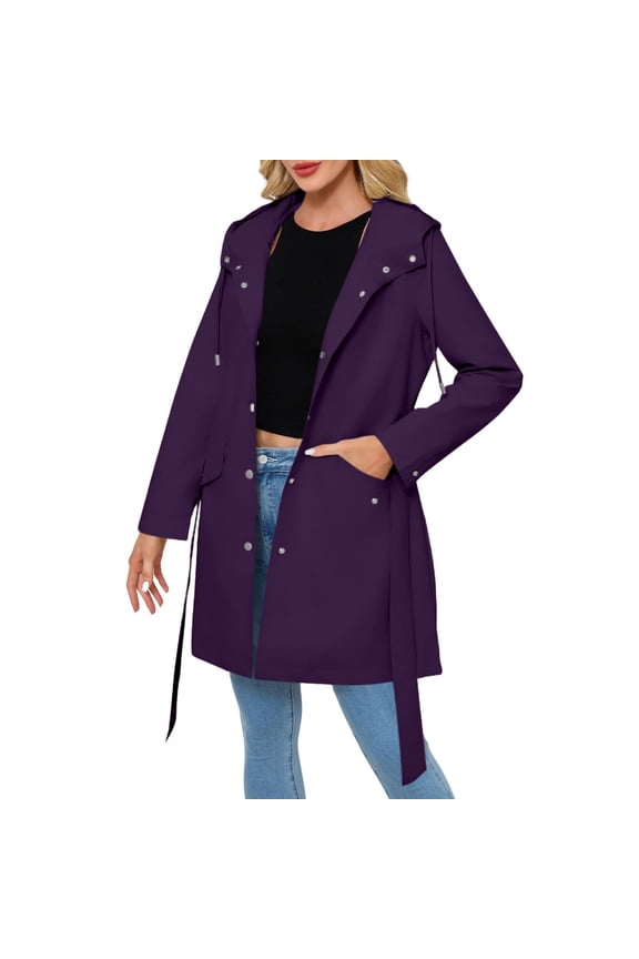 Women's Lightweight Rain Jacket With Adjustable Hood And Belt For Wet Weather Protection