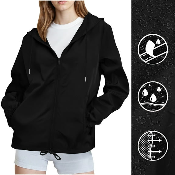 Women's Lightweight Rain Jacket with Zip Pockets Waterproof with Hooded Hiking Soft Shell Windbreaker for Outdoor Casual Sportswear