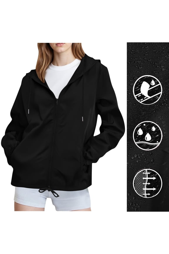 Women's Lightweight Rain Jacket with Zip Pockets Waterproof with Hooded Hiking Soft Shell Windbreaker for Outdoor Casual Sportswear