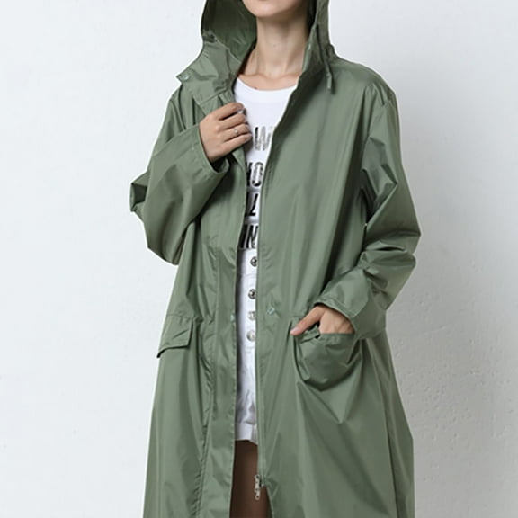 Women's Lightweight Raincoat Windbreaker Mid Long Hiking Hoodie Jacket (Army Green XL)
