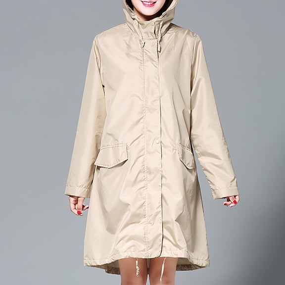 Women's Lightweight Raincoat Windbreaker Mid Long Hiking Hoodie Jacket (Beige L)