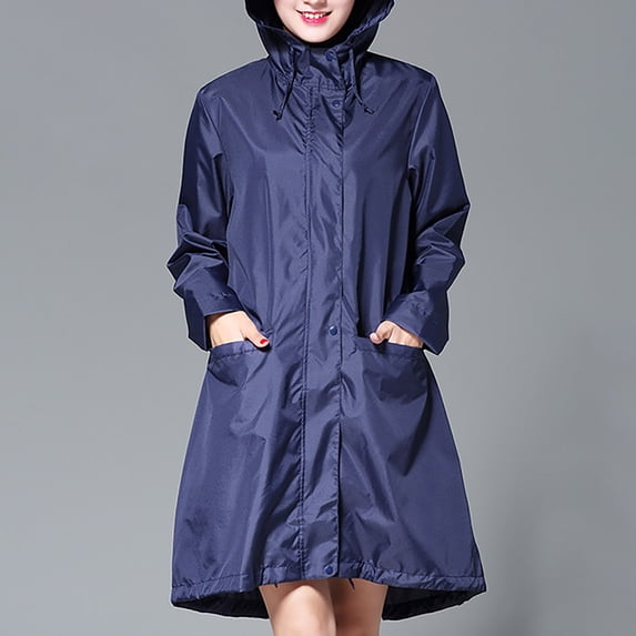 Women's Lightweight Raincoat Windbreaker Mid Long Hiking Hoodie Jacket (Dark Blue XXL)