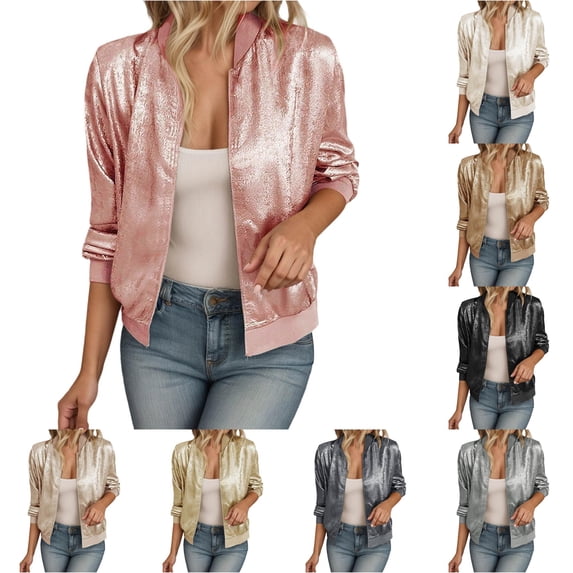 Women's Lightweight Reflective Zipper Jacket - Solid Color Slim Fit Casual Outerwear for Spring Autumn