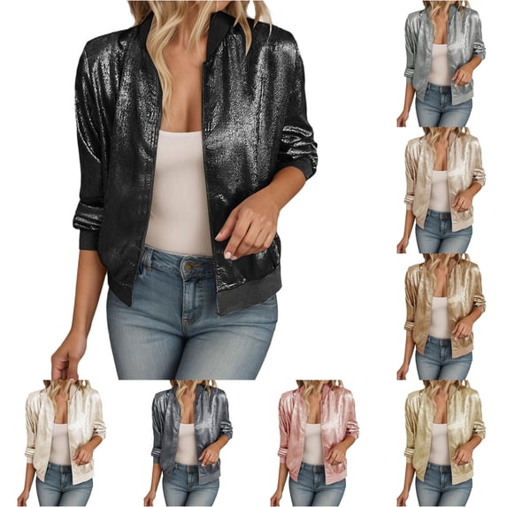 Women's Lightweight Reflective Zipper Jacket - Solid Color Slim Fit Casual Outerwear for Spring Autumn