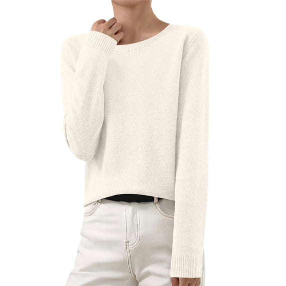 Women's Lightweight Round Neck Pullover Sweater, Soft Knitted Long Sleeve Tunic with Ribbed Cuffs, Solid Color Casual Light Sweater for Fall Winter Daily Wear