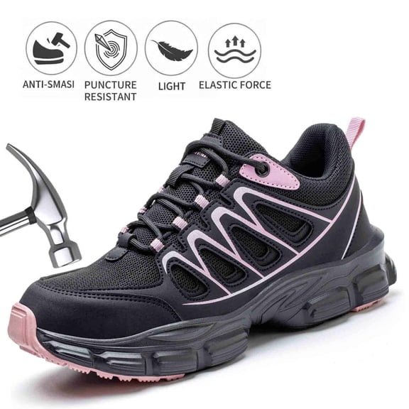 CONIVISON Women's Lightweight Safety Shoes Steel Toe Anti-Smash Anti-Puncture Breathable Non-Slip Work Shoes - Black 7