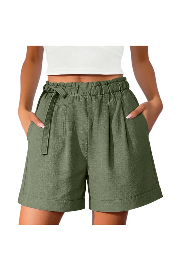 Women's Lightweight Shorts Comfy Drawstring Waist Cuffed Shorts Summer Linen Shorts for Women Olive Green S