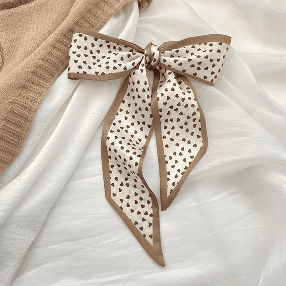 Women's Lightweight Silk-Feel Heart Pattern Bow Scarf, Cream, Brown