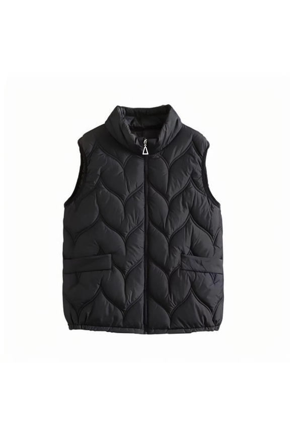 Women’s Lightweight Sleeveless Down Vest Stand Collar Full Zip Thin Cotton Padded Shoulder Warm Liner Jacket for Spring and Fall,Black,XXXL