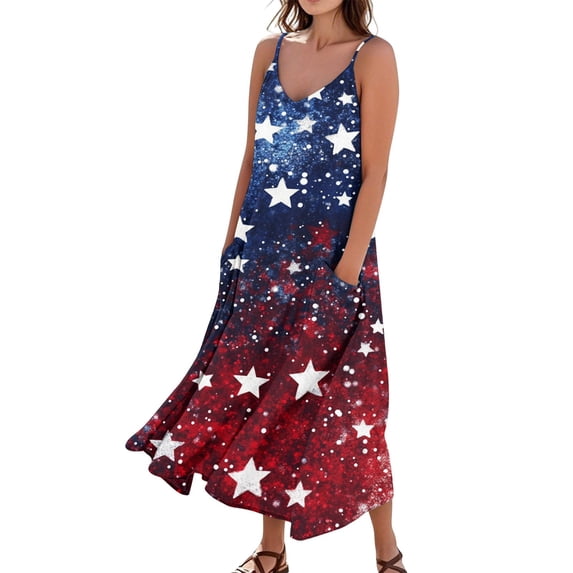 Women's Lightweight Sleeveless Dress Casual Patriotic Print, Long Beach Sundress with Pocket Design, Ideal for Summer Holidays,Black L