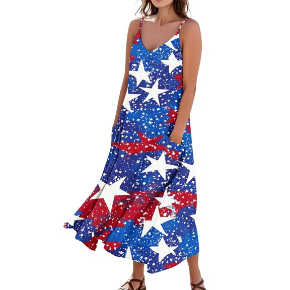Women's Lightweight Sleeveless Dress Casual Patriotic Print, Long Beach Sundress with Pocket Design, Ideal for Summer Holidays,Gray M