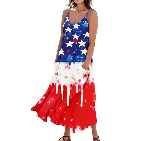 Women's Lightweight Sleeveless Dress Casual Patriotic Print, Long Beach Sundress with Pocket Design, Ideal for Summer Holidays,Navy L