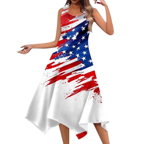 Women's Lightweight Sleeveless Dress Round Neck Casual Sundress with Independence Day Print, Stylish Irregular Hem Design,White L