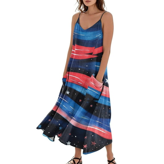 Women's Lightweight Sleeveless Sundress, Patriotic Print Design with Pockets, Loose Fit Beach Dress for Summer Vacations and Casual Events,Royal Blue M