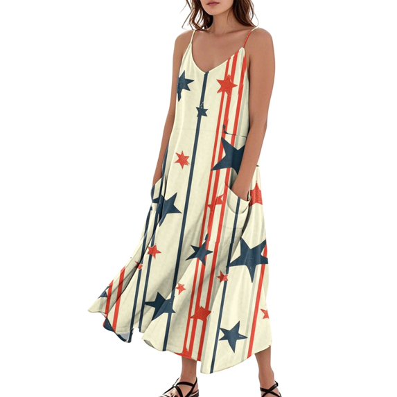 Women's Lightweight Sleeveless Sundress, Patriotic Print Design with Pockets, Loose Fit Beach Dress for Summer Vacations and Casual Events,Beige L