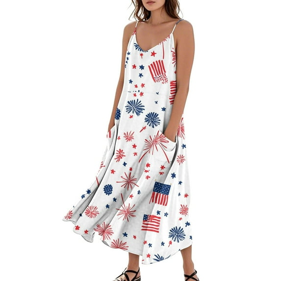 Women's Lightweight Sleeveless Sundress, Patriotic Print Design with Pockets, Loose Fit Beach Dress for Summer Vacations and Casual Events,White XL