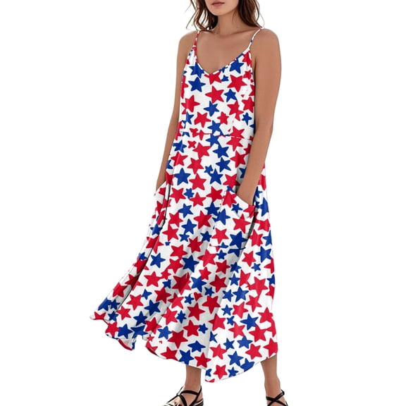 Women's Lightweight Sleeveless Sundress with Independence Day Print, Casual Long Beach Dress, Pocket Design for Outdoor Activities,Red M