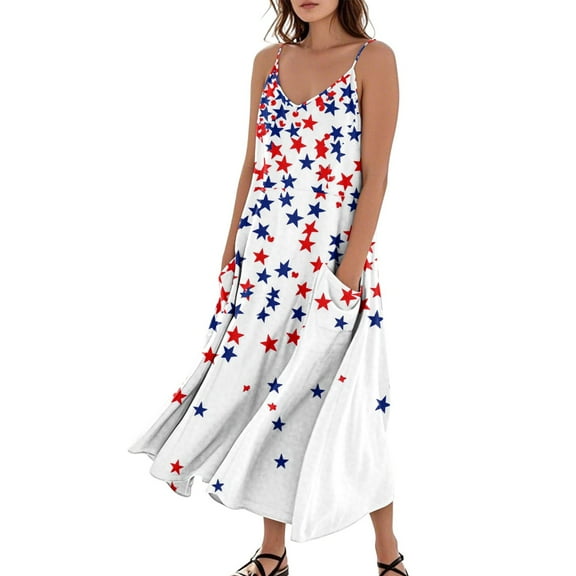 Women's Lightweight Sleeveless Sundress with Independence Day Print, Casual Long Beach Dress, Pocket Design for Outdoor Activities,White S