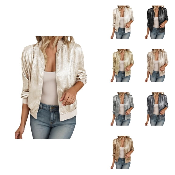 Women's Lightweight Slim Fit Reflective Zipper Jacket, Stylish Solid Color Bomber Outwear, Long Sleeve Spring Autumn Fashion Outerwear