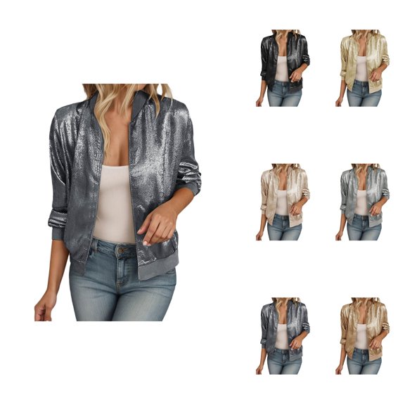 Women's Lightweight Slim Fit Reflective Zipper Jacket, Stylish Solid Color Bomber Outwear, Long Sleeve Spring Autumn Fashion Outerwear