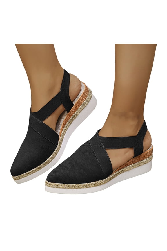 Women's Lightweight Slip On Close Toe Wedge Sandals Canvas Ankle Strap Comfortable Non Slip Platform Sandal Black Size 9