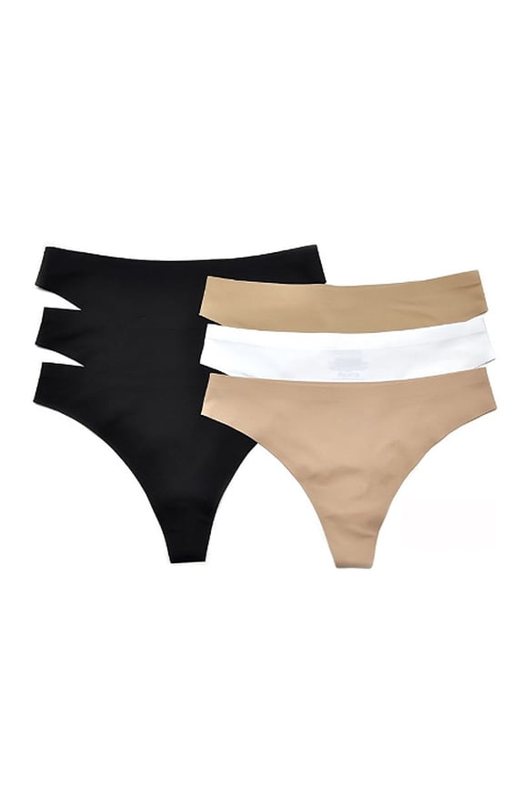Women's Lightweight Soft Colorful No Line Laser Cut Thongs 12 Pack (Beige/Black/White, L)
