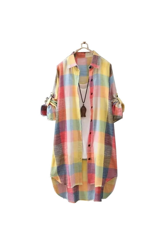 Women's Lightweight Soft Comfy Retro Cotton Linen Checkered Shirt Loose Casual Long Sleeved top