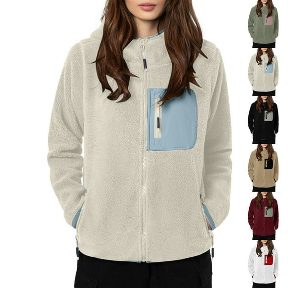 Women's Lightweight Soft Polar Fleece Jacket for Fall Winter Fashion Color Block Warm Zip Up Long-Sleeve Outdoor Streetwear Red,XL