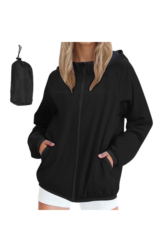 Women's Lightweight Softshell Compression Jacket Solid Hooded Windproof Waterproof Cuffed Long Sleeve Zip Up Packable Windbreaker with Pockets Black S