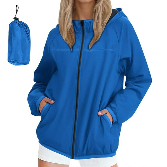 Women's Lightweight Softshell Compression Jacket Solid Hooded Windproof Waterproof Cuffed Long Sleeve Zip Up Packable Windbreaker with Pockets Blue XXL