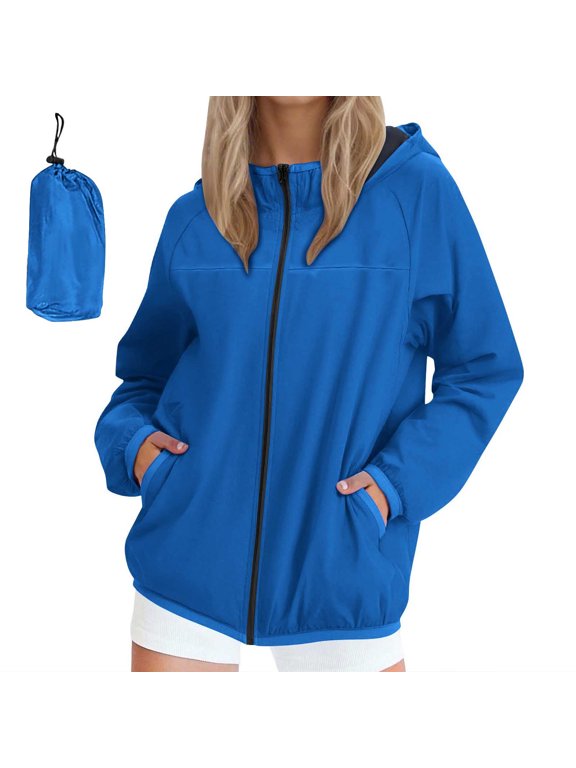 Women's Lightweight Softshell Compression Jacket Solid Hooded Windproof Waterproof Cuffed Long Sleeve Zip Up Packable Windbreaker with Pockets Blue XXL