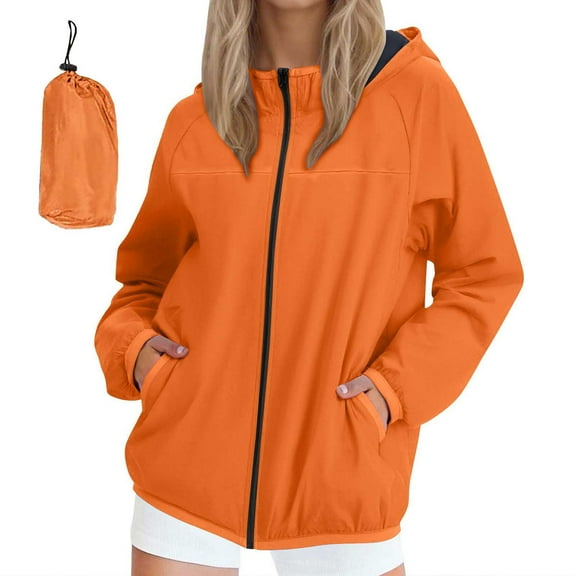 Women's Lightweight Softshell Compression Jacket Solid Hooded Windproof Waterproof Cuffed Long Sleeve Zip Up Packable Windbreaker with Pockets Orange S
