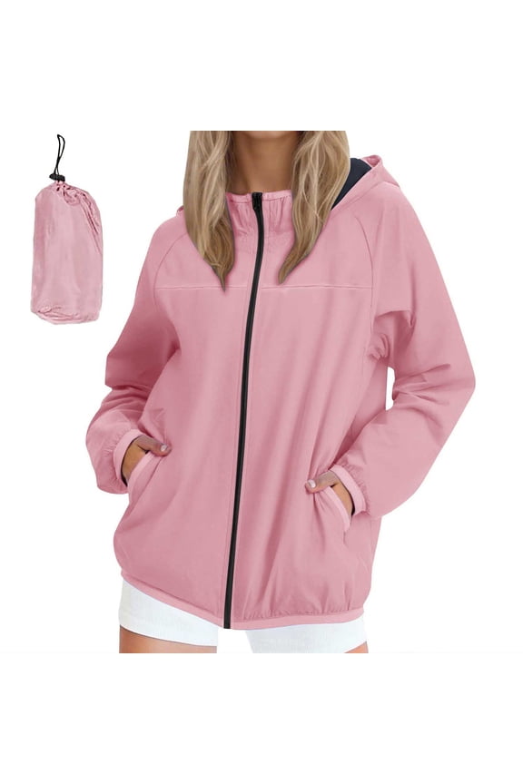 Women's Lightweight Softshell Compression Jacket Solid Hooded Windproof Waterproof Cuffed Long Sleeve Zip Up Packable Windbreaker with Pockets Pink S