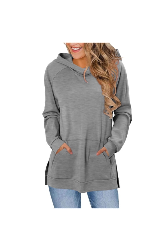 Women's Lightweight Split Hem Hoodie - Loose Fit Drawstring Raglan Sleeve Pullover with Pockets, Casual Fall Dressy Sweatshirt