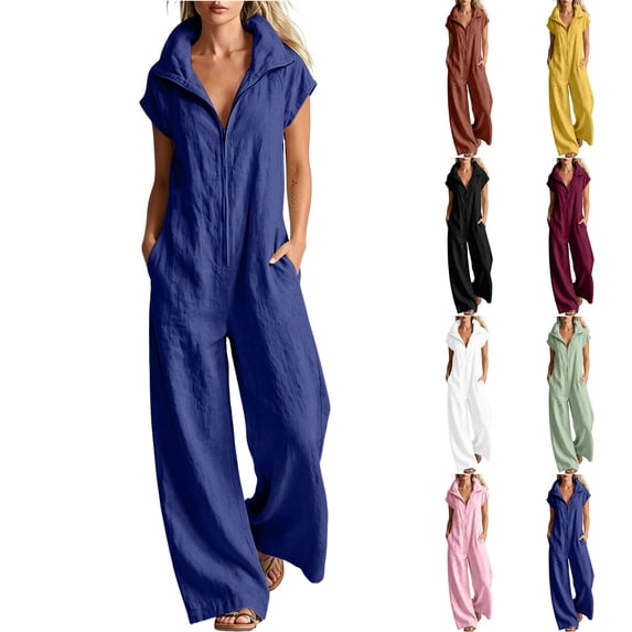 Women's Lightweight Stand Collar Zip Up Jumpsuits Short Sleeve Baggy Wide Leg Palazzo Rompers with Pockets Daily Casual Overalls Yellow